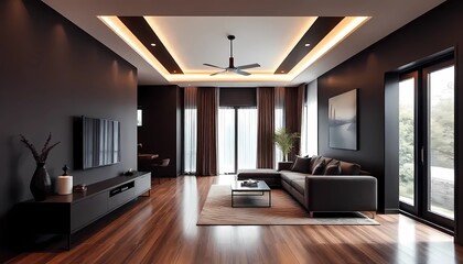 Living room interior in Mocha mousse tones, minimalist design hallway, home concept, sofa, modern house	
