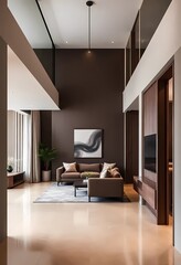 Living room interior in Mocha mousse tones, minimalist design hallway, home concept, sofa, modern house	

