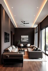 Living room interior in Mocha mousse tones, minimalist design hallway, home concept, sofa, modern house	
