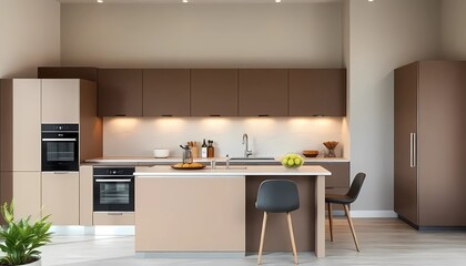 Modern color of the year 2025 Mocha Mousse, chocolate shades of Mocha Mousse. Brown walls, accent colors of furniture and a well-lit room. Elegant kitchen with large table and chairs 