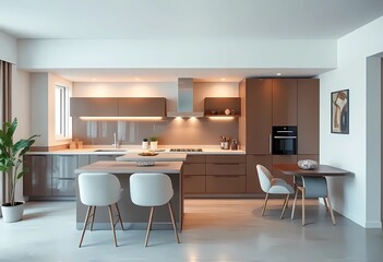 Modern color of the year 2025 Mocha Mousse, chocolate shades of Mocha Mousse. Brown walls, accent colors of furniture and a well-lit room. Elegant kitchen with large table and chairs 