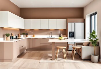 Modern color of the year 2025 Mocha Mousse, chocolate shades of Mocha Mousse. Brown walls, accent colors of furniture and a well-lit room. Elegant kitchen with large table and chairs 