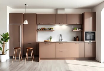 Modern color of the year 2025 Mocha Mousse, chocolate shades of Mocha Mousse. Brown walls, accent colors of furniture and a well-lit room. Elegant kitchen with large table and chairs 