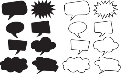 Collection of black and white speech bubbles and starbursts