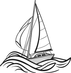 Nautical vector illustration of a sailboat silhouette on the sea with wind and waves