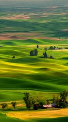 Naklejka premium Rolling Green Hills of Palouse Farmland at Sunrise. A picturesque landscape photograph showcasing the vibrant colors and unique topography of the Palouse region.
