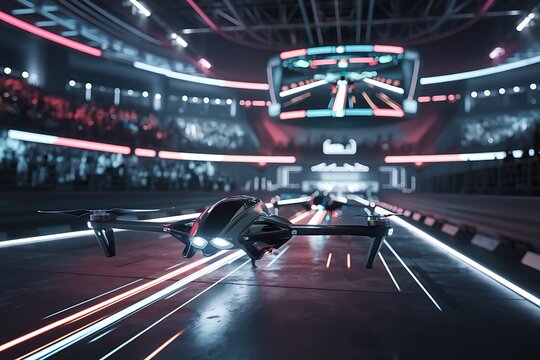 Futuristic drone racing event with neon lights and blurred motion in a high-tech arena
