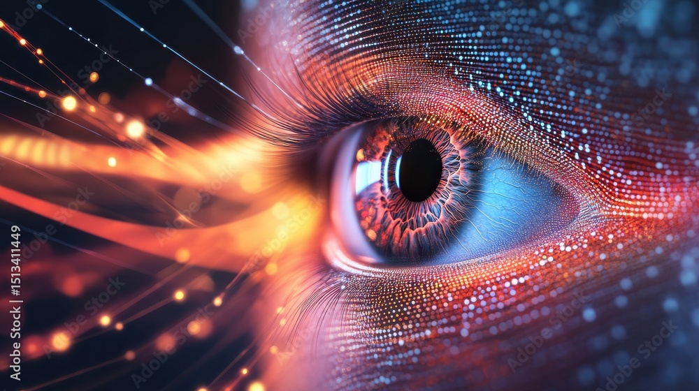 Poster digital eye wave lines representing the visualization of eye movement tracking in technology interfa