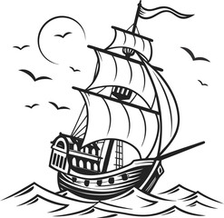 Pirate ship silhouette vector illustration featuring a sailing galleon on the ocean waves, a nautical icon and old vessel design