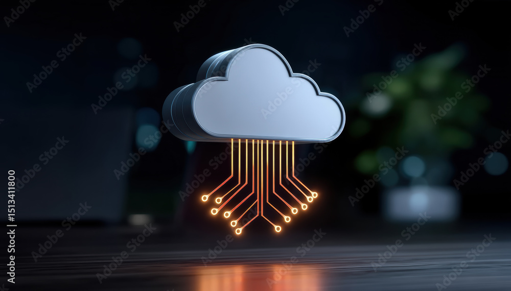Poster cloud technology with glowing circuit lines representing api integration and digital data transfer i