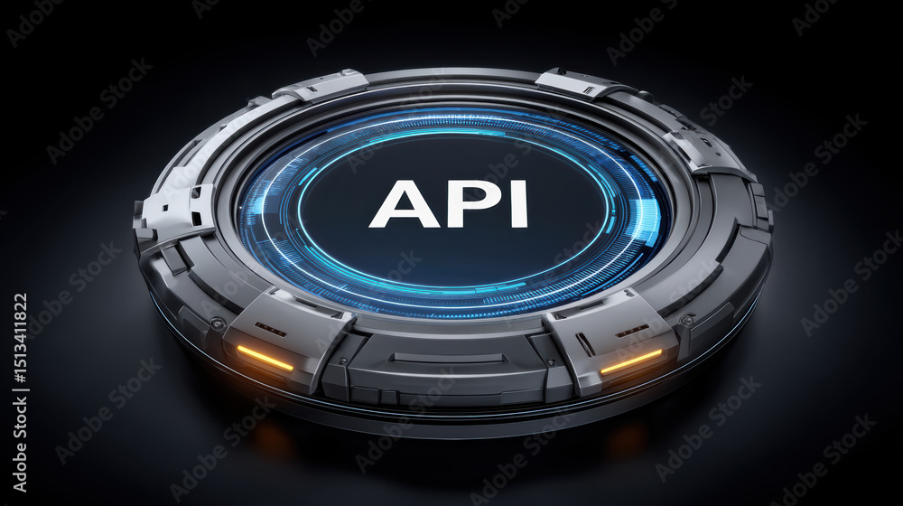 Poster api integration concept with futuristic digital interface and technology design glowing on dark back
