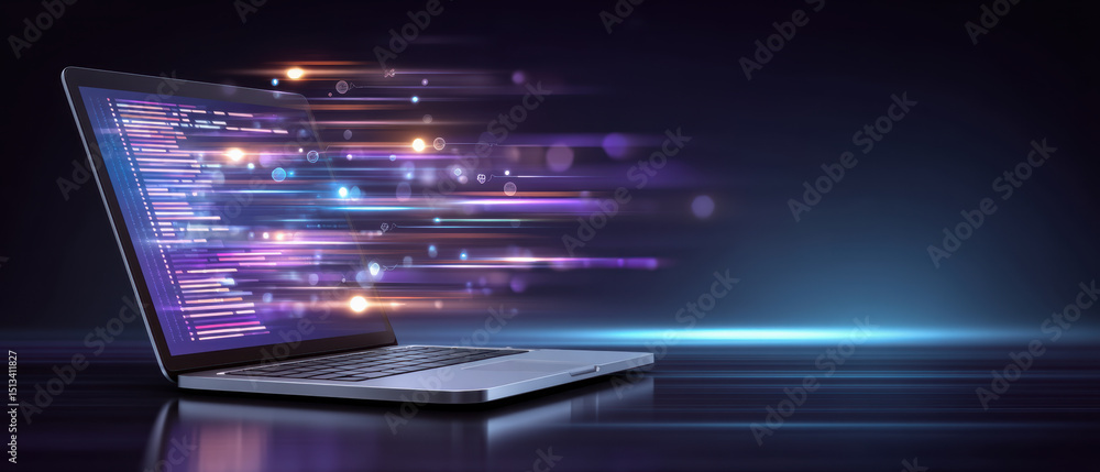 Poster digital laptop code api integration concept with glowing lines and data flow on dark background