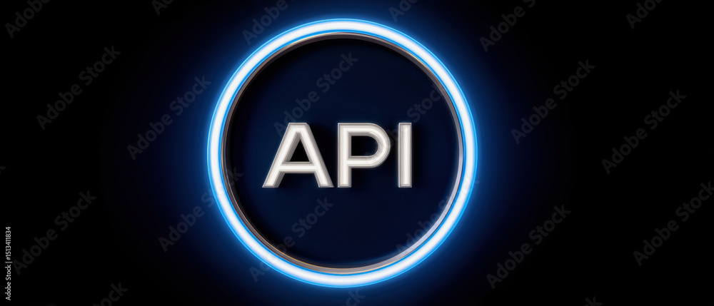 Poster api integration concept with glowing blue circle on dark background symbolizing connection and techn
