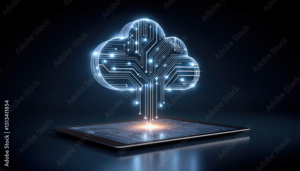 Poster Cloud computing technology with glowing circuit board and api integration concept on tablet device