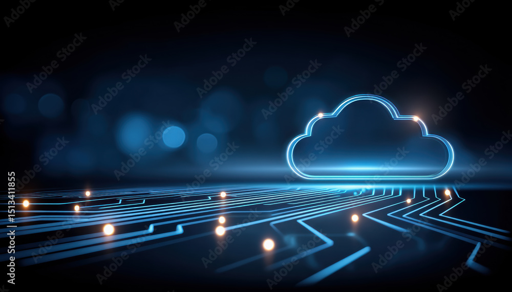 Poster cloud technology integration with glowing circuit board and api concept for digital data storage and
