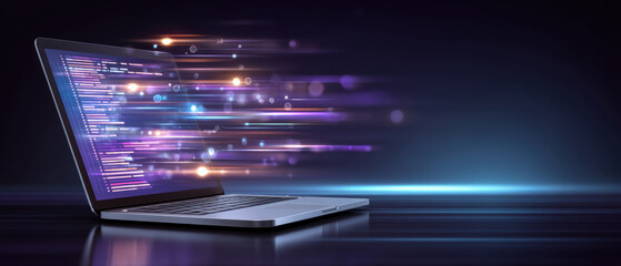 Digital laptop code api integration concept with glowing lines and data flow on dark background