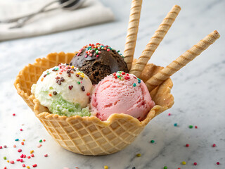 A waffle bowl filled with three scoops of ice cream topped with sprinkles and wafer sticks on a table