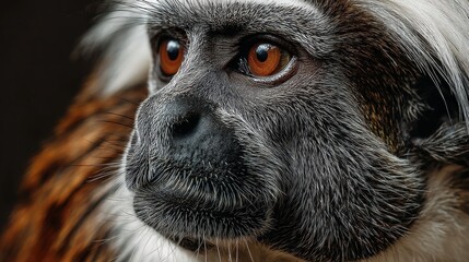 Striking close-up portrait of a pensive Cotton-top Tamarin monkey face