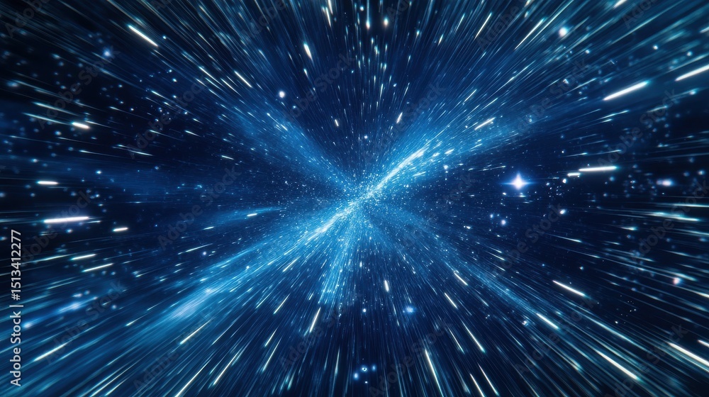 Poster retro 80s video game background with grid of blue light streaking in space