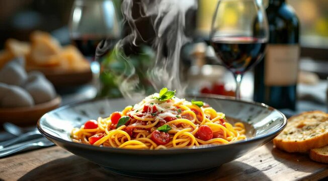 fresh pasta in rich tomato sauce with basil and parmesan, served with wine and garlic bread in cozy natural lighting