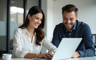 Obraz premium Happy businesswoman using laptop while analyzing reports with male coworker in office. High quality