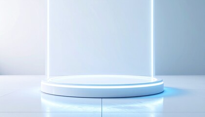 White Circular Platform with Bright Blue Neon Lights Abstract Digital Background
