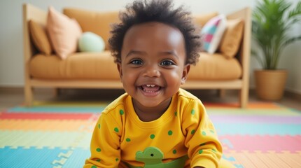 Fototapeta premium Smiling African American baby in yellow dinosaur onesie with green spots on rainbow play mat
