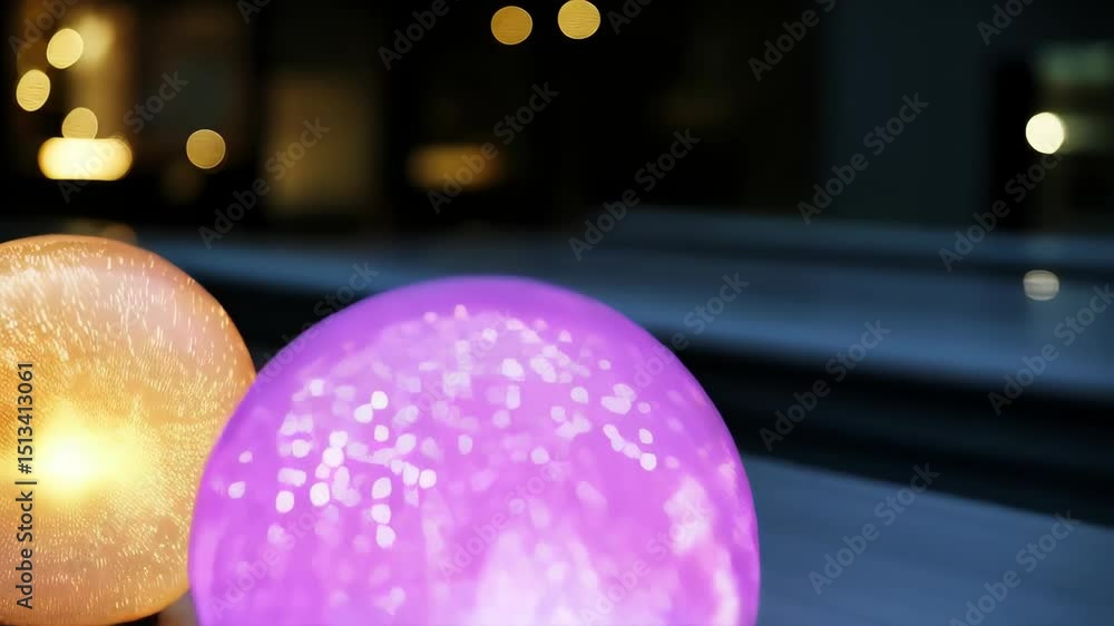 Poster glowing spheres create a colorful row of light on a reflective surface in dim environment, concept o