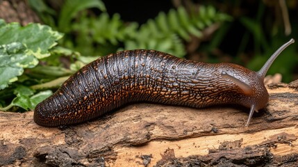 Close up view of common brown Spanish slug on wooden log outside. Big slimy brown snail slugs crawling in the garden