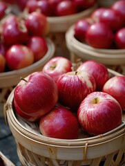 Freshly picked red apples fill woven baskets, evoking an autumn harvest and orchard charm.