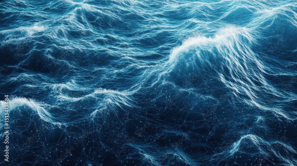 Poster a mesmerizing ocean of glowing blue waves with a digital network effect, representing data movement 