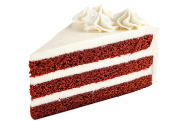 Red velvet layer cake slice with cream cheese frosting and decorative piping on transparent background.