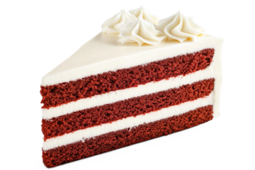 Red velvet layer cake slice with cream cheese frosting and decorative piping on transparent background.