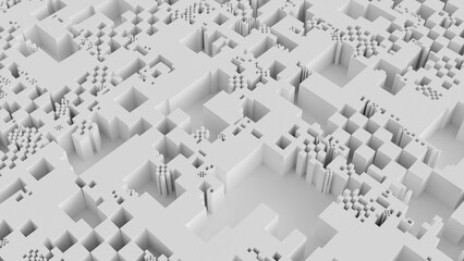 Abstract white 3D cubic landscape with various heights, creating a detailed, intricate pattern resembling a maze or cityscape. The design is modern and geometric