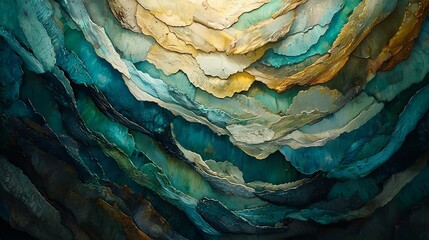 Fototapeta premium Abstract textural art featuring layered teal, gold, and beige organic formations