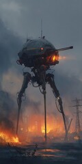 Dystopian future: A giant war machine looms over a burning cityscape, skies heavy with smoke and despair.