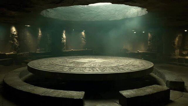 ncient civilization left this perfect stone circle hidden deep underground. Light pierces the ceiling, revealing cryptic symbols. Civilization echoes in every silent detail of this sacred space