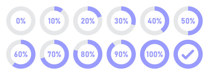 Infographic circle with percentage. Set of circle loading and circle progress collection. 0 10 20 30 40 50 60 70 80 90 100 percent in blue color. Vector icon