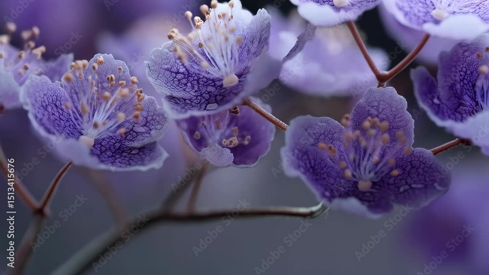 Poster macro view of delicate purple blossoms on a branch, close-up showing intricate patterns and texture,