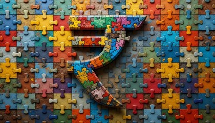 Rupee symbol shaped from puzzle pieces, representing economic unity, collaboration, and structural development