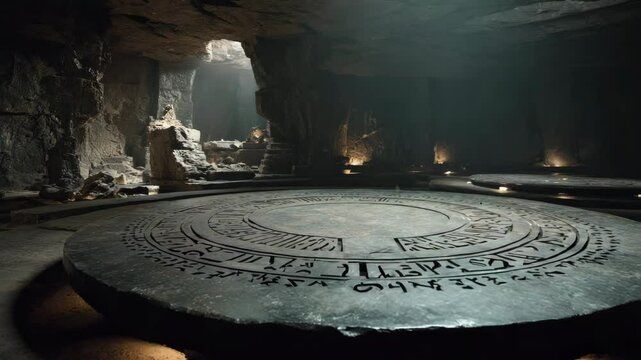 Carved inscriptions suggest the cave once held great civilization. The massive stone circle hints at lost rituals. Civilization left its wisdom carved in eternal stone.