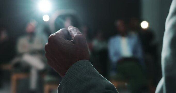 Public speaking, hand and person with motivation for crowd, politician or presentation for audience. Press conference, legislator and announcement on stage for official event, talking and podium