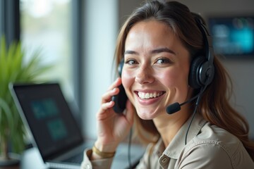 Smiling woman happy wearing headset against office background