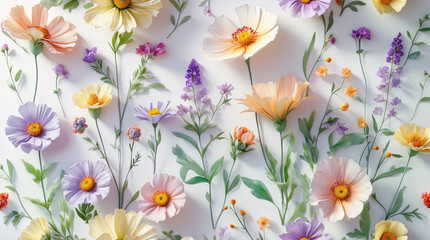 top view of romantic cosmos and daisy pastel flower clusters on neutral white studio background for content marketing design floral botanical illustration wallpaper background