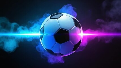 Futuristic soccer ball with dynamic motion blur and neon lights, glowing under volumetric cinematic lighting on dark background, featuring abstract and high-energy motion | video download - Powered by Adobe