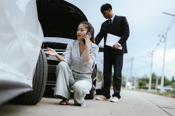 Asian woman talking on the phone asking for help in claiming insurance in case of an accident