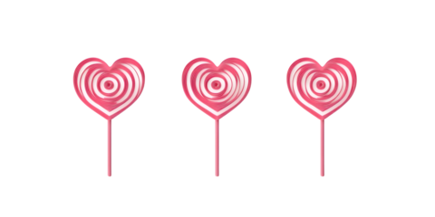 Three heart-shaped lollipops with concentric circles, against a black background