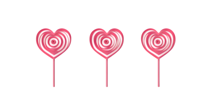 Three heart-shaped lollipops with concentric circles, against a black background - Powered by Adobe