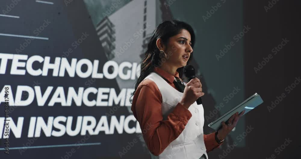 Poster woman, mic and tablet for speech at conference of technological advancement in insurance. speaker, d
