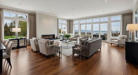 Luxurious Living Room with Fireplace, Large Windows, and Scenic Views